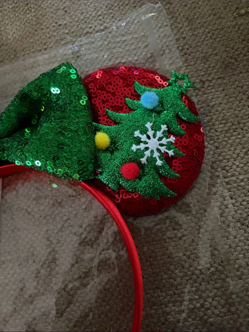 Disney Red & Green Sequin Minnie‎ Mouse Headband Christmas Tree Themed